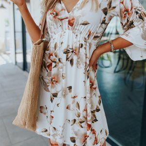 Brand New- “Nashville” White V Neck 3/4 Sleeve Floral Dress